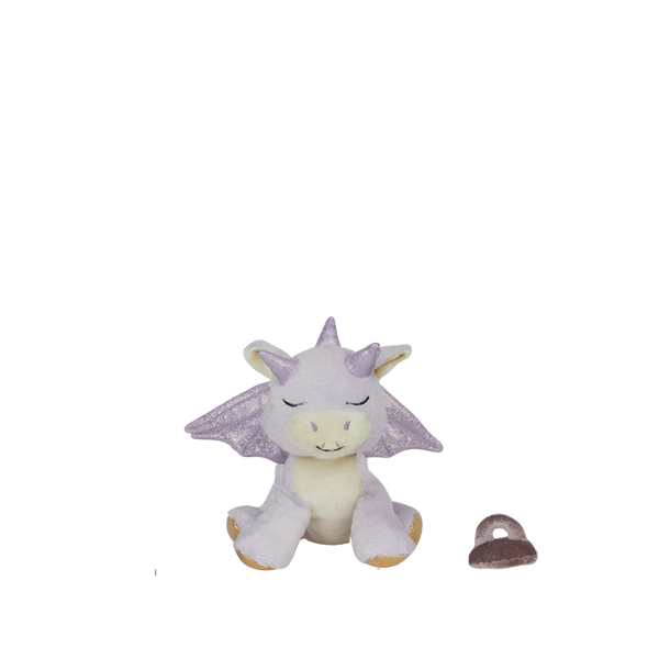 Plush dragon toy with purple accents on a white background