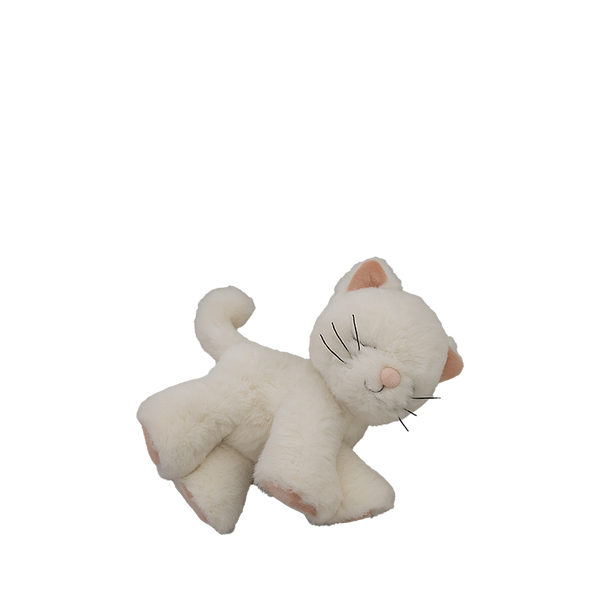 White plush cat toy with pink accents on a white background