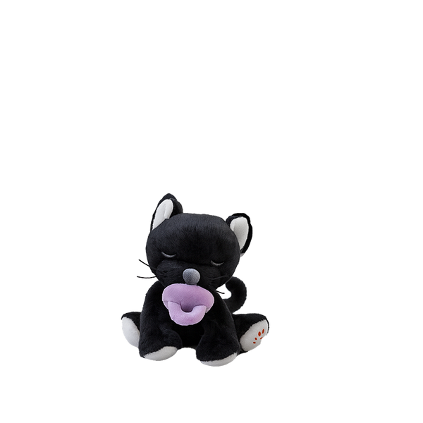 Black plush toy with a purple pacifier on a white background