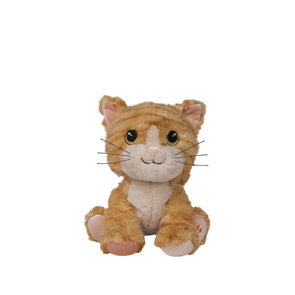 Plush toy cat with orange and white fur on a white background