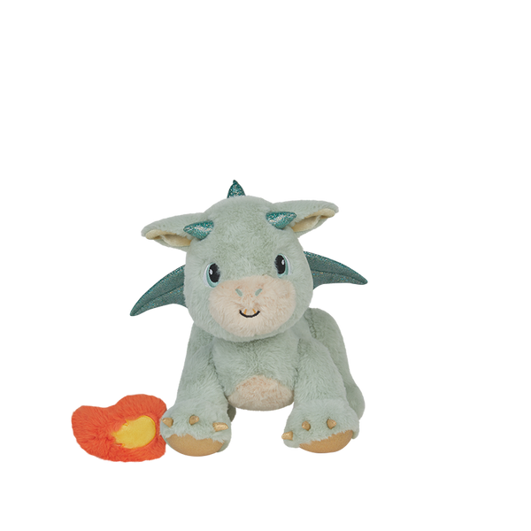 Plush dragon toy with flame on a white background