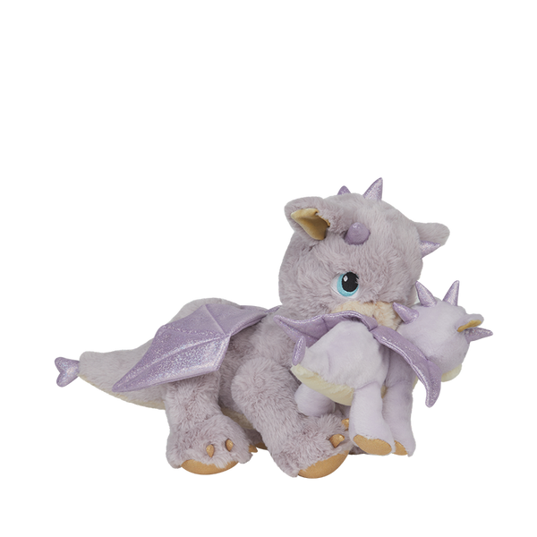 Plush dragon toy with purple accents on a white background