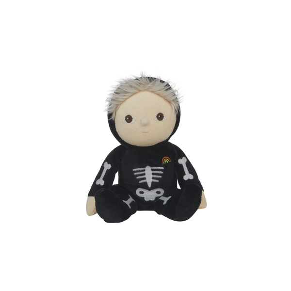 Plush toy in a black skeleton costume on a white background
