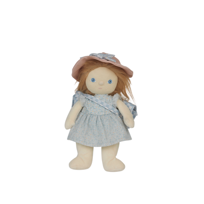 Stuffed doll with a pink hat and blue dress on a white background