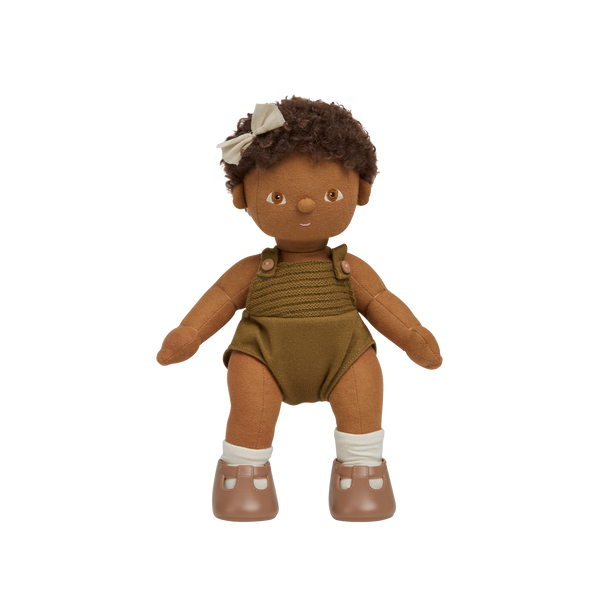 Brown afro haired, posable doll for kids. Snuggle them, dress them up and style their hair. Each Doll comes with its own removable gender-neutral outfit, socks, nappy, and shoes, perfect for interactive doll play.
