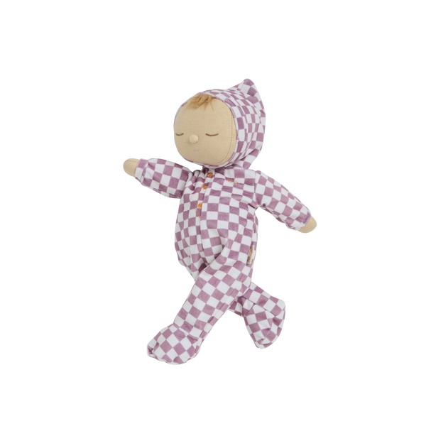 Olli Ella Dozy Dinkum Doll - Plum Check. soft-doll suitable from birth with purple check printed onesie,