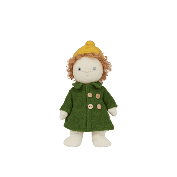 Stuffed doll with a green coat and yellow hat on a white background