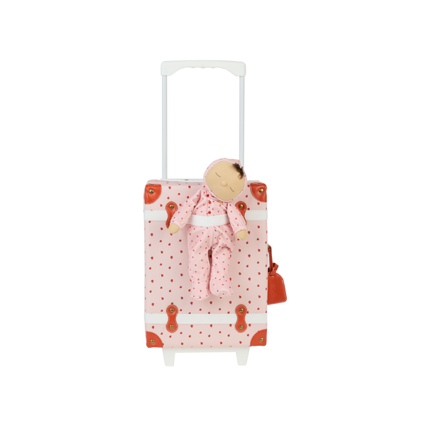 Kids strawberry printed pink travel suitcase with matching pink soft-toy doll.