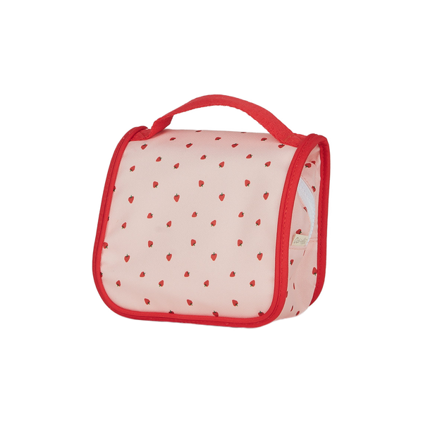 strawberry printed kids pink toiletry bag for travel.