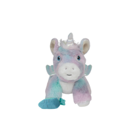 Rainbow plush unicorn toy with carrot