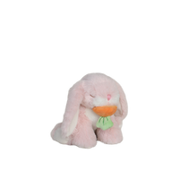 Pink plush bunny holding a carrot on a white background