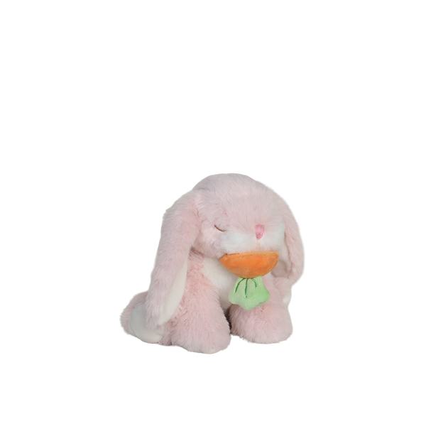 Pink plush bunny holding a carrot on a white background