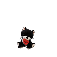 Black and white plush toy with a red pacifier on a white background