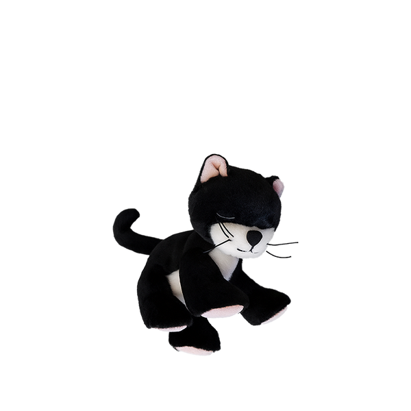 Black and white plush toy cat on a white background