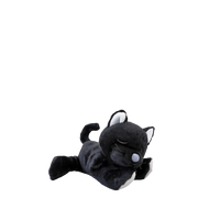 Black and white plush toy on a white background