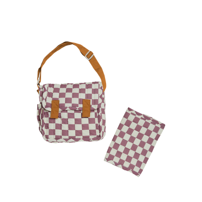 Olli Ella purple checkered print Doll changing mat and bag for kids doll play.