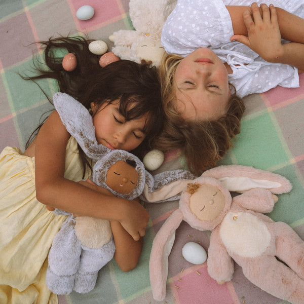 Super soft bunny plush doll, perfect from birth to all ages. This bunny soft toy is perfectly weighted and posable, making it the perfect addition to any toy collection.