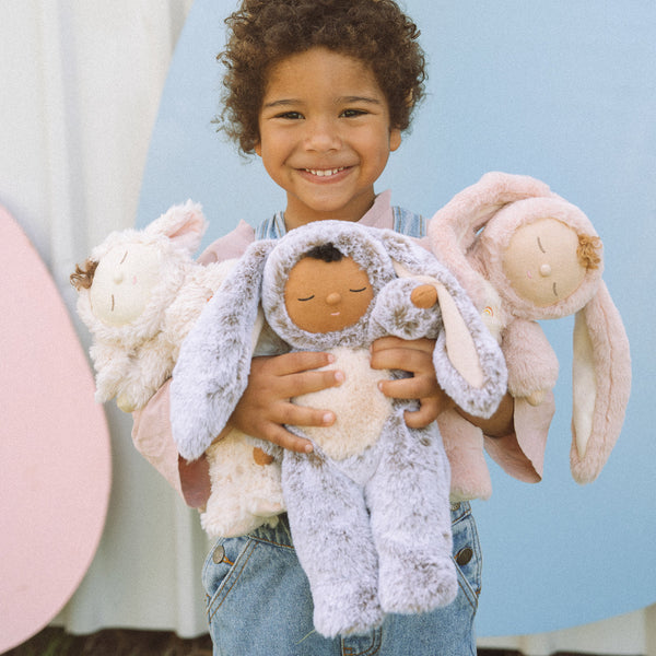 Super soft bunny plush doll, perfect from birth to all ages. This bunny soft toy is perfectly weighted and posable, making it the perfect addition to any toy collection.