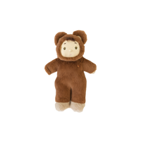 Brown plush toy with a face on a white background