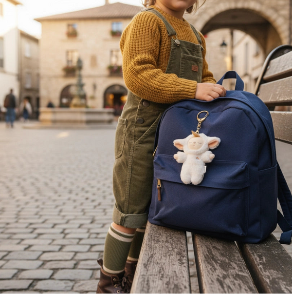 Child with a blue backpack and teddy bear keychain in an urban setting