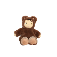 Plush toy in a brown bear costume on a white background