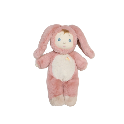 Pink plush toy with bunny ears on a white background