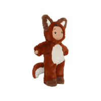 Plush toy in a fox costume on a white background