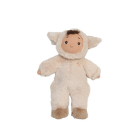 Stuffed toy dressed in a lamb costume on a white background
