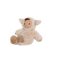 Plush toy resembling a baby in a lamb costume on a white background