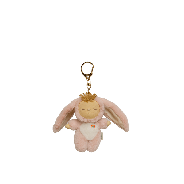 Plush keychain with a sleeping baby design on a white background