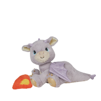 Plush dragon toy with a small fire-like object on a white background