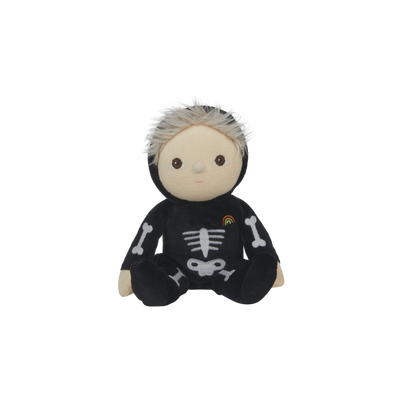 Plush toy in a black skeleton costume on a white background