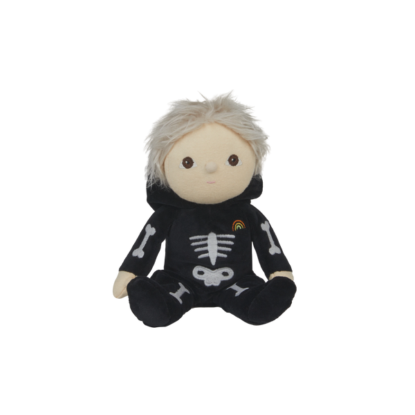 Plush toy with skeleton design on a white background