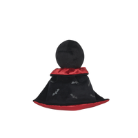 Black and red cape with bat designs on a white background