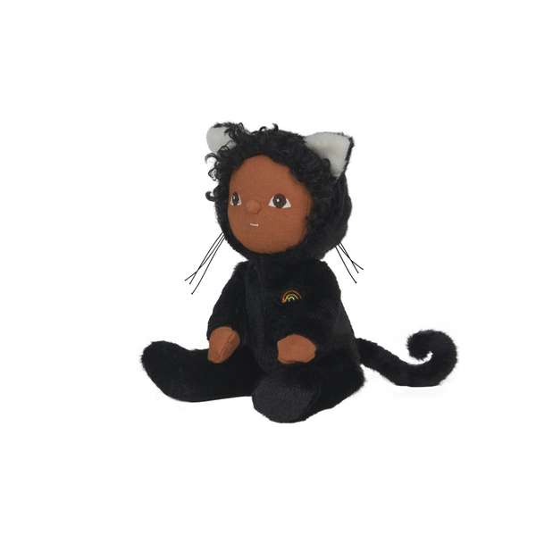 Plush toy in a black cat costume on a white background