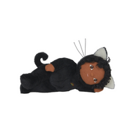 Toy figure of a child in a black cat costume on a white background