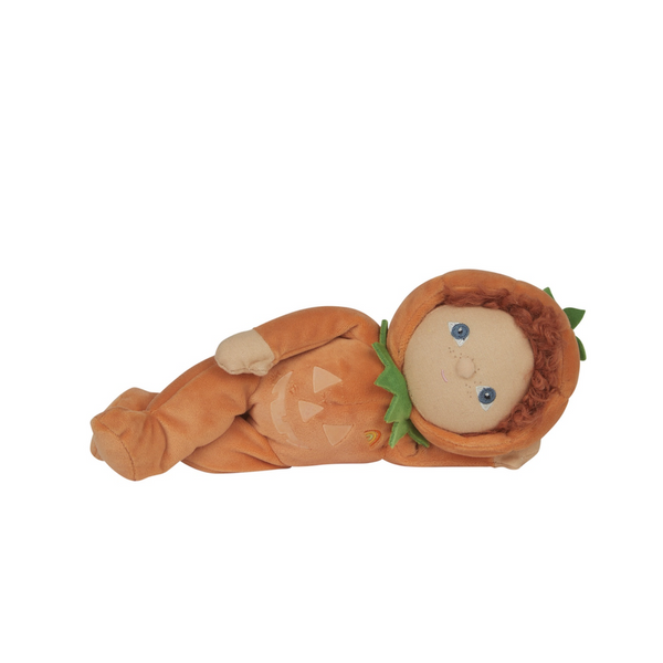 Plush toy resembling a baby in a pumpkin costume on a white background