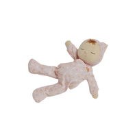 Pink, bunny printed plush doll, perfectly weighted and posable for imaginative doll play. Sodt and cuddly plush doll, an ideal companion from birth.