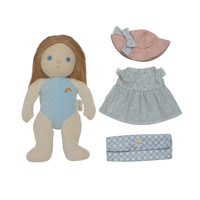 Stuffed doll with blue outfit, pink hat, and checkered bag on a white background