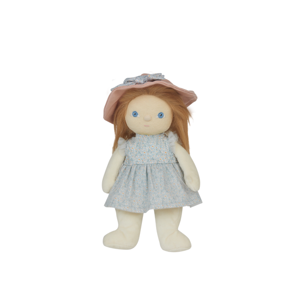 Stuffed doll with a pink hat and gray dress on a white background