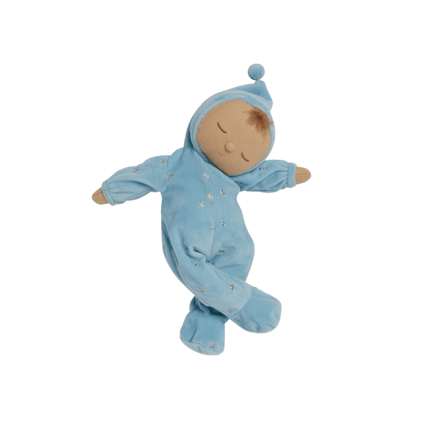 Blue posable plush doll suitable from birth. The Lullaby Leo includes a pompom on their bonnet that plays a sleepy tune when pulled. 