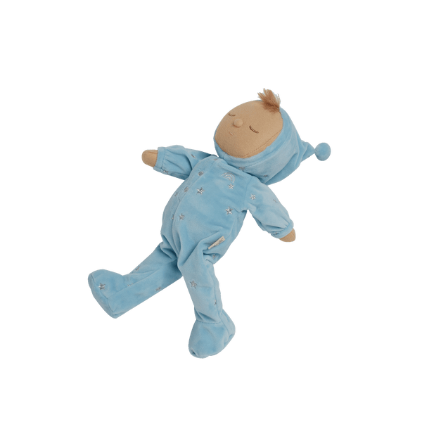 Beautiful baby blue plush doll, posable and perfectly weighted for calm. The Lullaby Leo includes a pompom on their bonnet that plays a sleepy tune when pulled. This doll is suitable from birth.