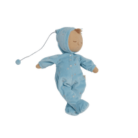 Blue posable plush doll suitable from birth. The Lullaby Leo includes a pompom on their bonnet that plays a sleepy tune when pulled. 