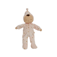 Pink posable plush doll suitable from birth. The Lullaby Luna includes a pompom on their bonnet that plays a sleepy tune when pulled. 
