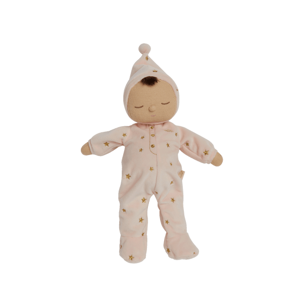 Pink posable plush doll suitable from birth. The Lullaby Luna includes a pompom on their bonnet that plays a sleepy tune when pulled. 