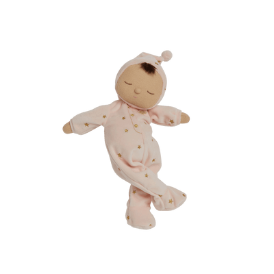 Pink posable plush doll suitable from birth. The Lullaby Luna includes a pompom on their bonnet that plays a sleepy tune when pulled. 