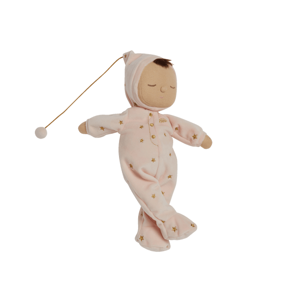 Pink posable plush doll suitable from birth. The Lullaby Luna includes a pompom on their bonnet that plays a sleepy tune when pulled. 