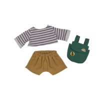 Purple stripe shirt paired with brown shorts and green backpack.