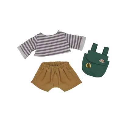 Purple stripe shirt paired with brown shorts and green backpack.