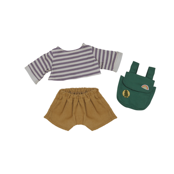 Purple stripe shirt paired with brown shorts and green backpack.